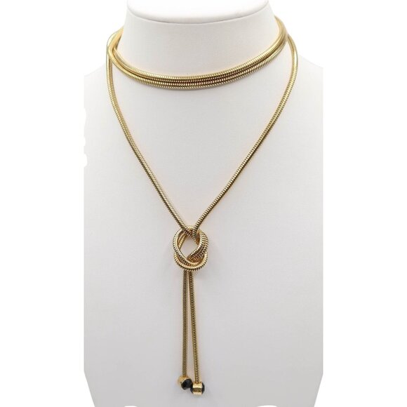 Vintage Wrap Around Knotted Lariat Gold Tone Claspless Necklace w/ Black Finial - Picture 1 of 7